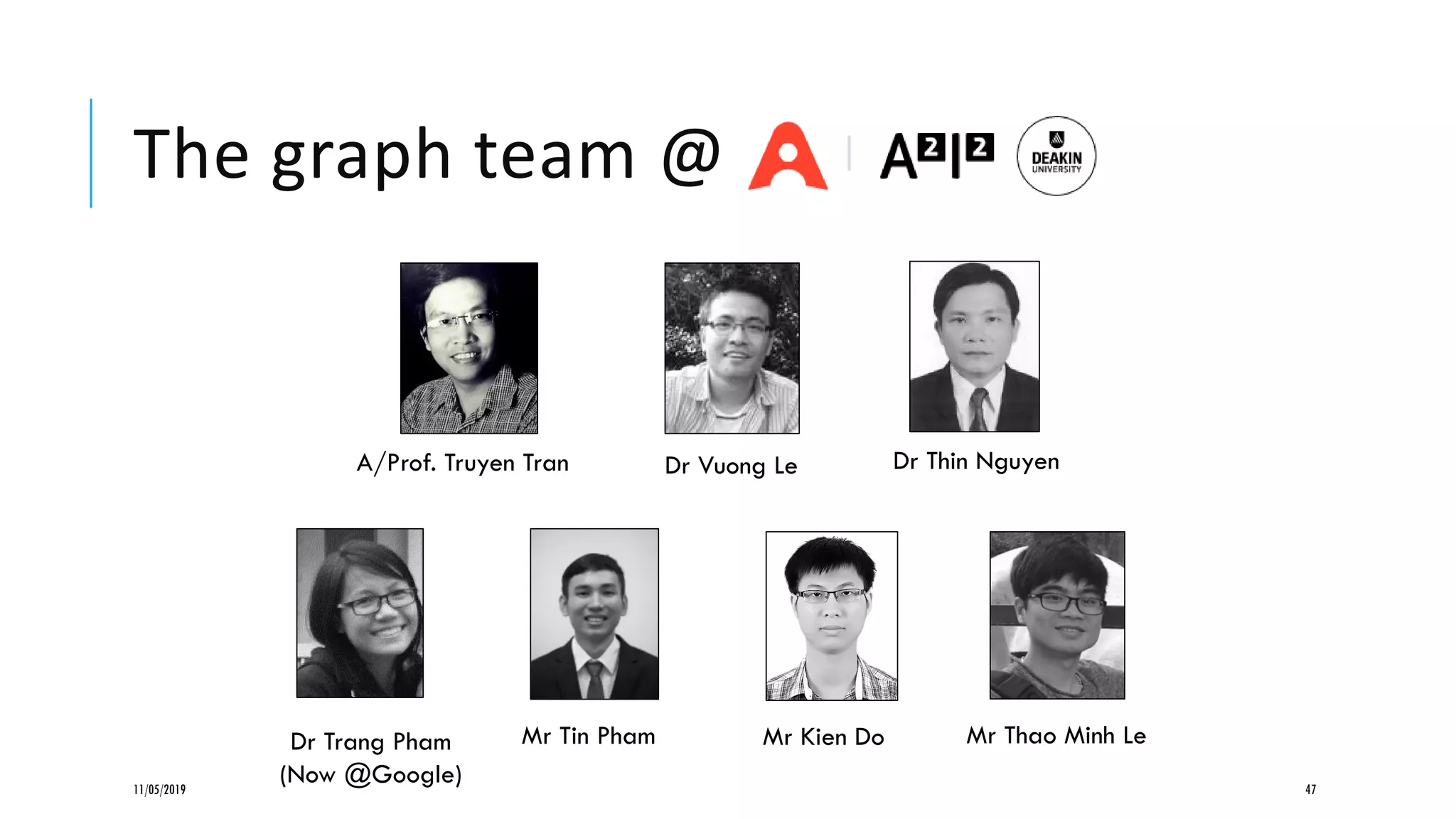 The graph team @
11/05/2019 47
A/Prof. Truyen Tran
Dr Trang Pham
(Now @Google)
Dr Vuong Le
Mr Kien DoMr Tin Pham Mr Thao Minh Le
Dr Thin Nguyen
 