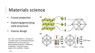 Materials science
11/05/2019 7
Xie, Tian, and Jeffrey C. Grossman.
"Crystal Graph Convolutional Neural
Networks for an Accurate and
Interpretable Prediction of Material
Properties." Physical review
letters 120.14 (2018): 145301.
• Crystal properties
• Exploring/generating
solid structures
• Inverse design
 