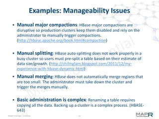 14©MapR Technologies - Confidential
Unified Namespace for Files and Tables
$ pwd
/mapr/default/user/dave
$ ls
file1 file2 table1 table2
$ hbase shell
hbase(main):003:0> create '/user/dave/table3', 'cf1', 'cf2', 'cf3'
0 row(s) in 0.1570 seconds
$ ls
file1 file2 table1 table2 table3
$ hadoop fs -ls /user/dave
Found 5 items
-rw-r--r-- 3 mapr mapr 16 2012-09-28 08:34 /user/dave/file1
-rw-r--r-- 3 mapr mapr 22 2012-09-28 08:34 /user/dave/file2
trwxr-xr-x 3 mapr mapr 2 2012-09-28 08:32 /user/dave/table1
trwxr-xr-x 3 mapr mapr 2 2012-09-28 08:33 /user/dave/table2
trwxr-xr-x 3 mapr mapr 2 2012-09-28 08:38 /user/dave/table3
 