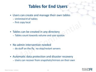 20©MapR Technologies - Confidential
Apache HBase HFile Structure
64Kbyte blocks
are compressed
An index into the
compressed blocks is
created as a btree
Key-value
pairs are
laid out in
increasing
order
Each cell is an individual key + value
- a row repeats the key for each column
 