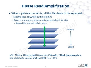 25©MapR Technologies - Confidential
Level-DB
 Tiered, logarithmic increase
– L1: 2 x 1M files
– L2: 10 x 1M
– L3: 100 x 1M
– L4: 1,000 x 1M, etc
 Compaction overhead
– avoids IO storms (i/o done in smaller increments of ~10M)
– but significantly extra bandwidth compared to HBase
 Read overhead is still high
– 10-15 seeks, perhaps more if the lowest level is very large
– 40K - 60K read from disk to retrieve a 1K record
 