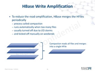 26©MapR Technologies - Confidential
BTree analysis
 Read finds data directly, proven to be fastest
– interior nodes only hold keys
– very large branching factor
– values only at leaves
– thus caches work
– R = logN seeks, if no caching
– 1K record read will transfer about logN blocks from disk
 Writes are slow on inserts
– inserted into correct place right away
– otherwise read will not find it
– requires btree to be continuously rebalanced
– causes extreme random i/o in insert path
– W = 2.5x + logN seeks if no caching
 
