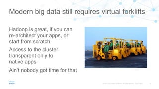 Hadoop is great, if you can
re-architect your apps, or
start from scratch
Access to the cluster
transparent only to
native apps
Ain’t nobody got time for that
Modern big data still requires virtual forklifts
 