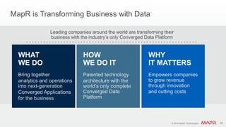 © 2016 MapR Technologies 16© 2016 MapR Technologies 16
MapR is Transforming Business with Data
WHAT
WE DO
Bring together
analytics and operations
into next-generation
Converged Applications
for the business
WHY
IT MATTERS
Empowers companies
to grow revenue
through innovation
and cutting costs
HOW
WE DO IT
Patented technology
architecture with the
world’s only complete
Converged Data
Platform
Leading companies around the world are transforming their
business with the industry’s only Converged Data Platform
 