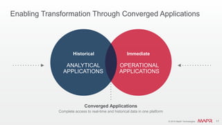 © 2016 MapR Technologies 17© 2016 MapR Technologies 17
Enabling Transformation Through Converged Applications
OPERATIONAL
APPLICATIONS
Immediate
ANALYTICAL
APPLICATIONS
Historical
Complete access to real-time and historical data in one platform
Converged Applications
 