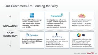 © 2016 MapR Technologies 26© 2016 MapR Technologies 26
Our Customers Are Leading the Way
Financial Services Telco & Media
Ad tech
Government
RetailOver 80 use cases including
payment efficiency and accuracy
of claims processing.
$2M/month reduction in
payment errors and fraud.
Provides 95% of Fortune 500
CPG and retailers with data
and analytics. Achieved
$2.5M/year annual savings
from mainframe & DW offload.
Ported credit scoring use case
to MapR resulting in 20X cost
savings over DB2.
Biometric identification system
for more than 1.25 billion
people in India. $1.3B yearly
savings thru fraud reduction.
Developed a new self-service
analytics platform to give their
customers better market
insights to help them
operationalize their decisions.
Protects $1 trillion in charge
volume from fraud every
year. Amex offers program
has saved card members
over $180M.INNOVATION
COST
REDUCTION
 