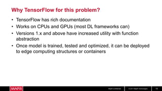 © 2017 MapR TechnologiesMapR Confidential 15
Why TensorFlow for this problem?
• TensorFlow has rich documentation
• Works on CPUs and GPUs (most DL frameworks can)
• Versions 1.x and above have increased utility with function
abstraction
• Once model is trained, tested and optimized, it can be deployed
to edge computing structures or containers
 
