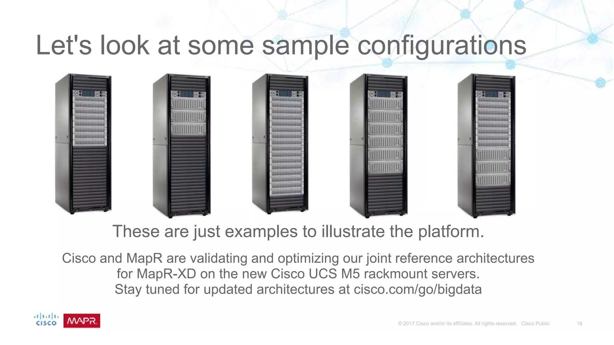 Let's look at some sample configurations
These are just examples to illustrate the platform.
Cisco and MapR are validating and optimizing our joint reference architectures
for MapR-XD on the new Cisco UCS M5 rackmount servers.
Stay tuned for updated architectures at cisco.com/go/bigdata
 