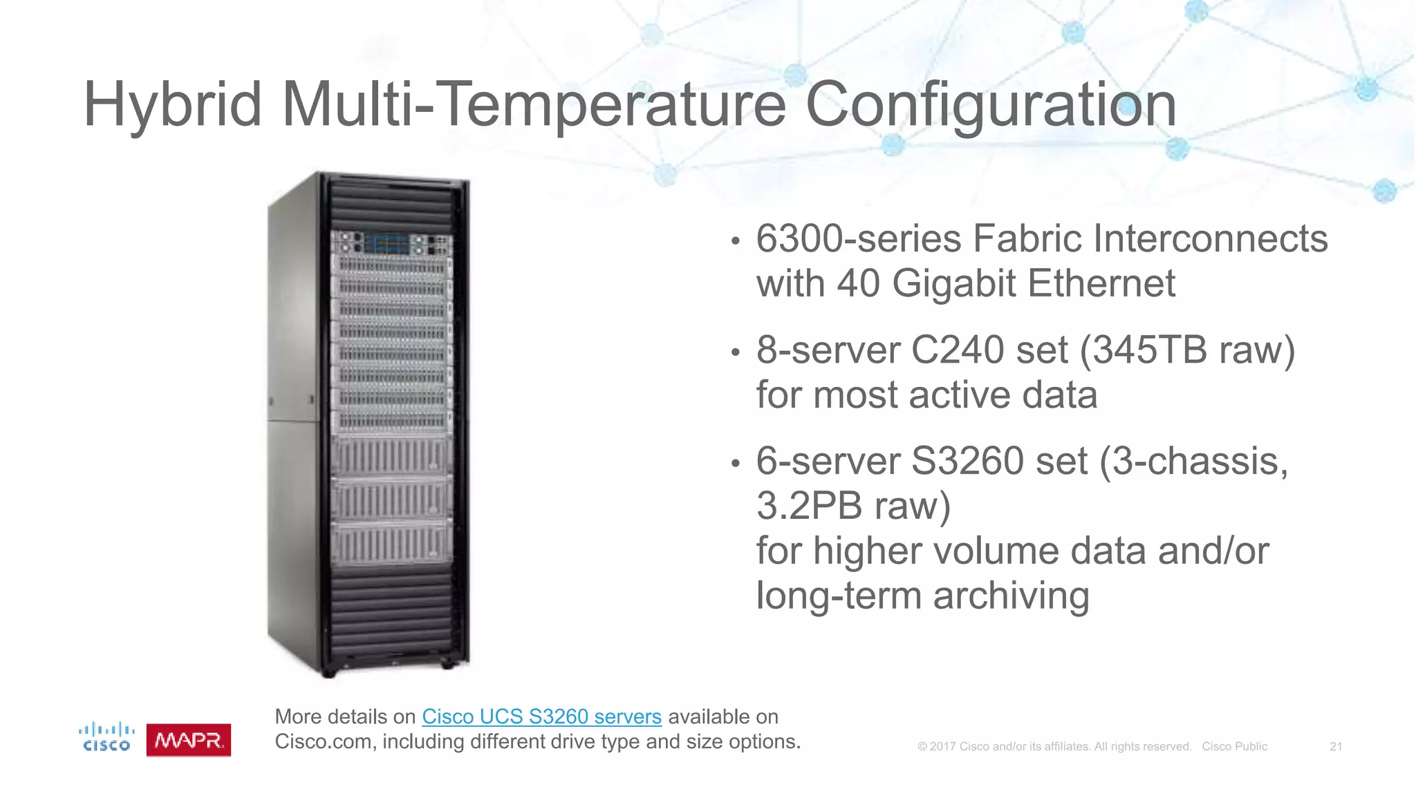 Hybrid Multi-Temperature Configuration
• 6300-series Fabric Interconnects
with 40 Gigabit Ethernet
• 8-server C240 set (345TB raw)
for most active data
• 6-server S3260 set (3-chassis,
3.2PB raw)
for higher volume data and/or
long-term archiving
More details on Cisco UCS S3260 servers available on
Cisco.com, including different drive type and size options.
 