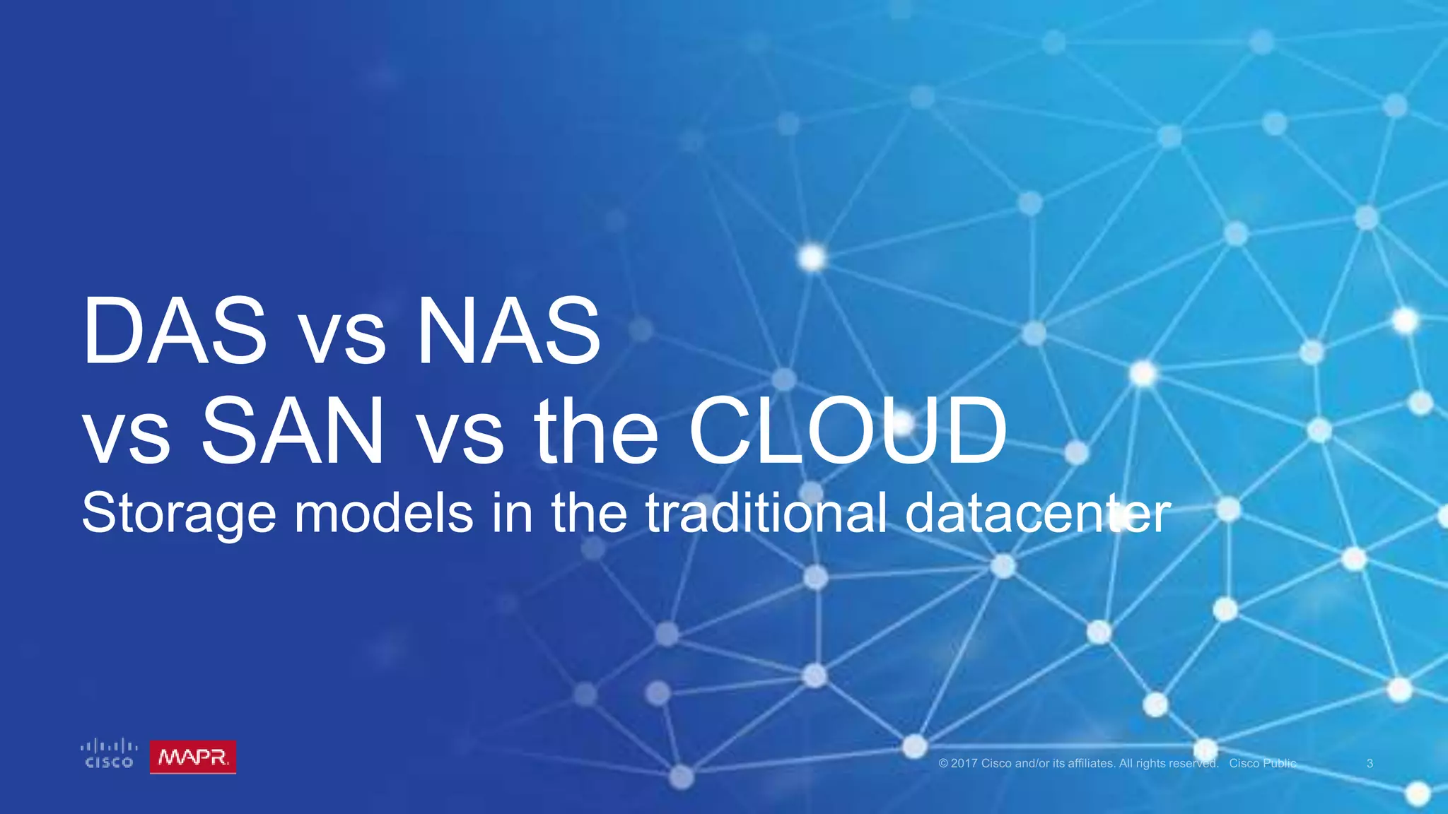 DAS vs NAS
vs SAN vs the CLOUD
Storage models in the traditional datacenter
 