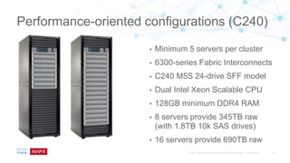 Performance-oriented configurations (C240)
• Minimum 5 servers per cluster
• 6300-series Fabric Interconnects
• C240 M5S 24-drive SFF model
• Dual Intel Xeon Scalable CPU
• 128GB minimum DDR4 RAM
• 8 servers provide 345TB raw
(with 1.8TB 10k SAS drives)
• 16 servers provide 690TB raw
 