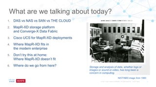 Storage and analysis of data, whether logs or
images or sound or video, has long been a
concern in computing.
NIST/NBS image from 1960
1. DAS vs NAS vs SAN vs THE CLOUD
2. MapR-XD storage platform
and Converge-X Data Fabric
3. Cisco UCS for MapR-XD deployments
4. Where MapR-XD fits in
the modern enterprise
5. Don’t try this at home:
Where MapR-XD doesn’t fit
6. Where do we go from here?
What are we talking about today?
 