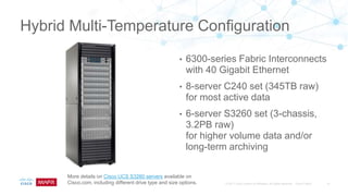 Hybrid Multi-Temperature Configuration
• 6300-series Fabric Interconnects
with 40 Gigabit Ethernet
• 8-server C240 set (345TB raw)
for most active data
• 6-server S3260 set (3-chassis,
3.2PB raw)
for higher volume data and/or
long-term archiving
More details on Cisco UCS S3260 servers available on
Cisco.com, including different drive type and size options.
 