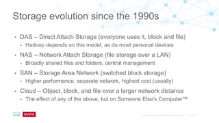• DAS – Direct Attach Storage (everyone uses it, block and file)
• Hadoop depends on this model, as do most personal devices
• NAS – Network Attach Storage (file storage over a LAN)
• Broadly shared files and folders, central management
• SAN – Storage Area Network (switched block storage)
• Higher performance, separate network, highest cost (usually)
• Cloud – Object, block, and file over a larger network distance
• The effect of any of the above, but on Someone Else’s Computer™
Storage evolution since the 1990s
 