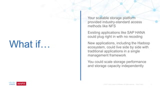 What if…
Your scalable storage platform
provided industry-standard access
methods like NFS
Existing applications like SAP HANA
could plug right in with no recoding
New applications, including the Hadoop
ecosystem, could live side by side with
traditional applications in a single
management framework
You could scale storage performance
and storage capacity independently
 