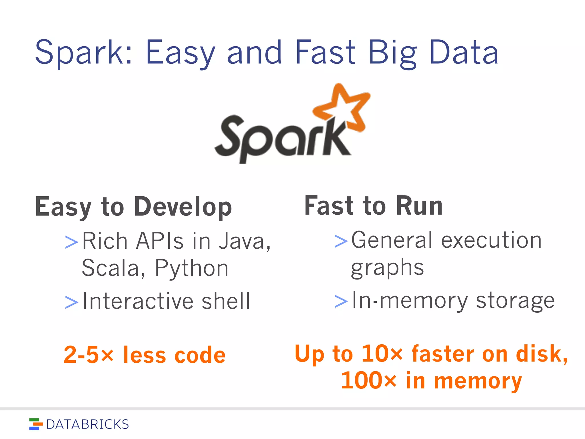 Spark: Easy and Fast Big Data
Easy to Develop
> Rich APIs in
Java, Scala, Pytho
n
> Interactive shell
Fast to Run
> General execution
graphs
> In-memory storage
2-5× less code Up to 10× faster on disk,
100× in memory
 