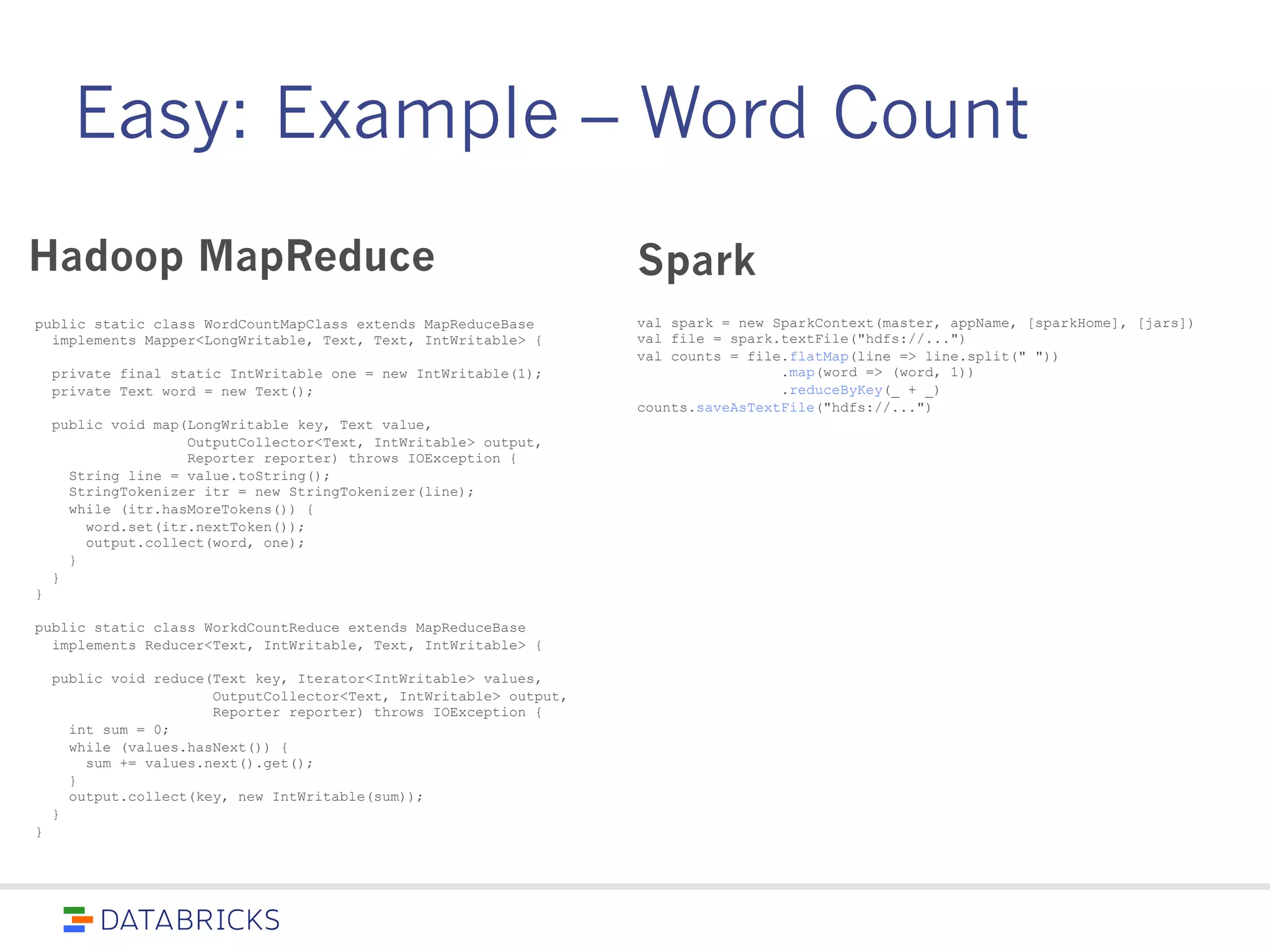 Easy: Example – Word Count
Spark
public static class WordCountMapClass extends MapReduceBase
implements Mapper<LongWritable, Text, Text, IntWritable> {
private final static IntWritable one = new IntWritable(1);
private Text word = new Text();
public void map(LongWritable key, Text value,
OutputCollector<Text, IntWritable> output,
Reporter reporter) throws IOException {
String line = value.toString();
StringTokenizer itr = new StringTokenizer(line);
while (itr.hasMoreTokens()) {
word.set(itr.nextToken());
output.collect(word, one);
}
}
}
public static class WorkdCountReduce extends MapReduceBase
implements Reducer<Text, IntWritable, Text, IntWritable> {
public void reduce(Text key, Iterator<IntWritable> values,
OutputCollector<Text, IntWritable> output,
Reporter reporter) throws IOException {
int sum = 0;
while (values.hasNext()) {
sum += values.next().get();
}
output.collect(key, new IntWritable(sum));
}
}
Hadoop MapReduce
val spark = new SparkContext(master, appName, [sparkHome], [jars])
val file = spark.textFile("hdfs://...")
val counts = file.flatMap(line => line.split(" "))
.map(word => (word, 1))
.reduceByKey(_ + _)
counts.saveAsTextFile("hdfs://...")
 