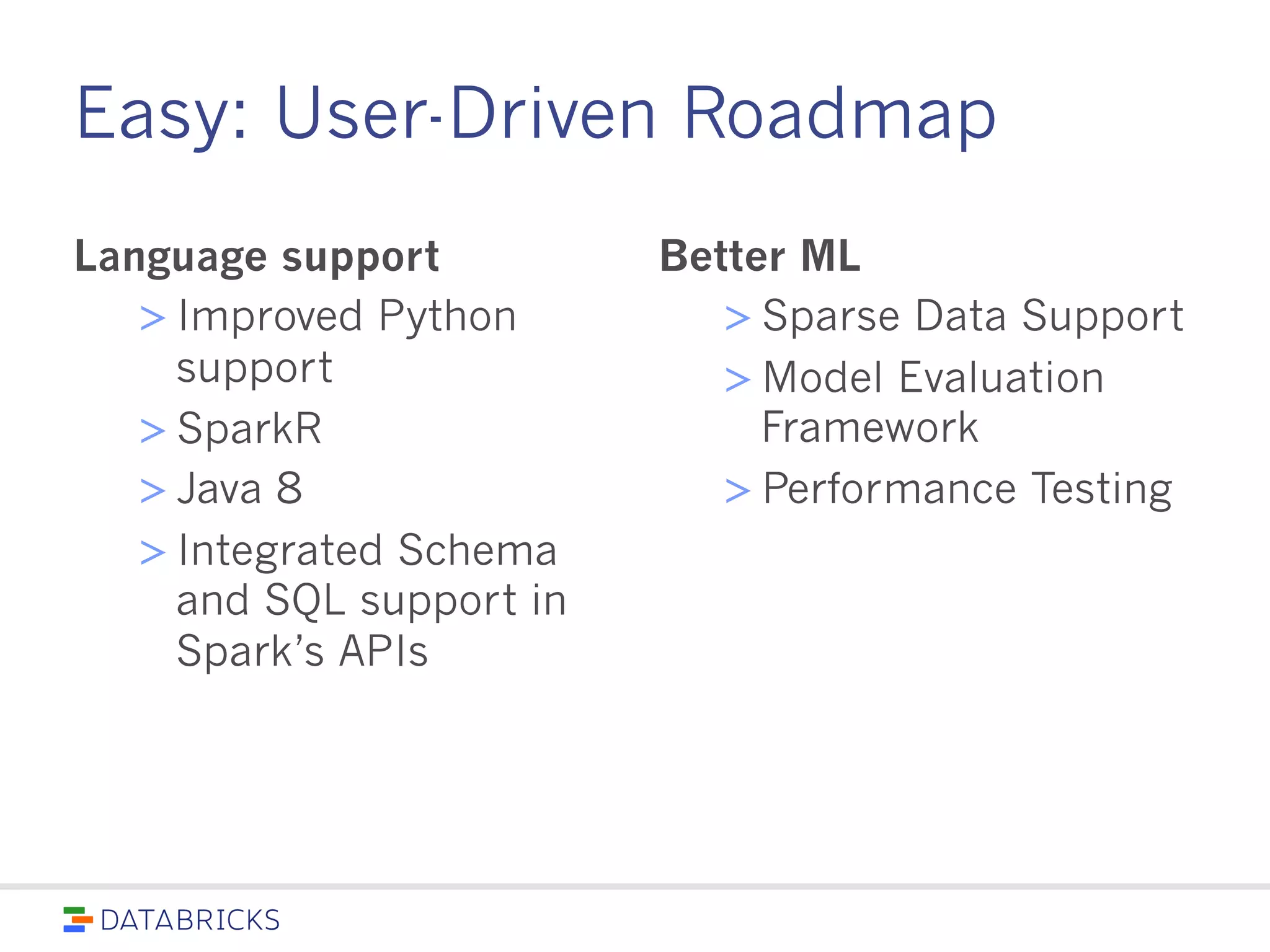 Easy: User-Driven Roadmap
Language support
> Improved Python
support
> SparkR
> Java 8
> Integrated Schema
and SQL support in
Spark’s APIs
Better ML
> Sparse Data Support
> Model Evaluation
Framework
> Performance Testing
 