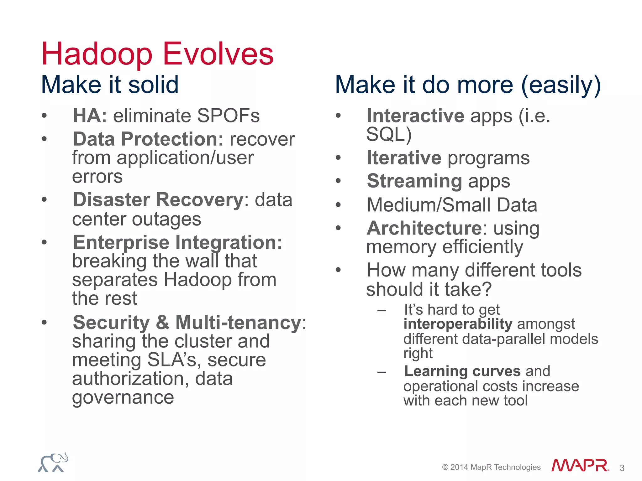 © 2014 MapR Technologies 3
Hadoop Evolves
Make it solid
• HA: eliminate SPOFs
• Data Protection: recover
from application/user
errors
• Disaster Recovery: data
center outages
• Enterprise Integration:
breaking the wall that
separates Hadoop from
the rest
• Security & Multi-
tenancy: sharing the
cluster and meeting
SLA’s, secure
authorization, data
governance
Make it do more
(easily)
• Interactive apps (i.e.
SQL)
• Iterative programs
• Streaming apps
• Medium/Small Data
• Architecture: using
memory efficiently
• How many different tools
should it take?
– It’s hard to get
interoperability amongst
different data-parallel models
right
– Learning curves and
operational costs increase
with each new tool
 