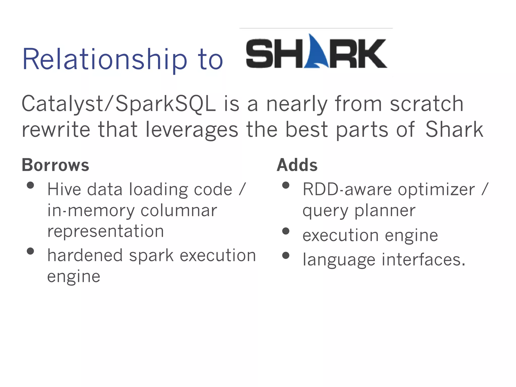 Relationship to
Borrows
• Hive data loading code / in-
memory columnar
representation
• hardened spark execution
engine
Adds
• RDD-aware optimizer /
query planner
• execution engine
• language interfaces.
Catalyst/SparkSQL is a nearly from scratch
rewrite that leverages the best parts of Shark
 
