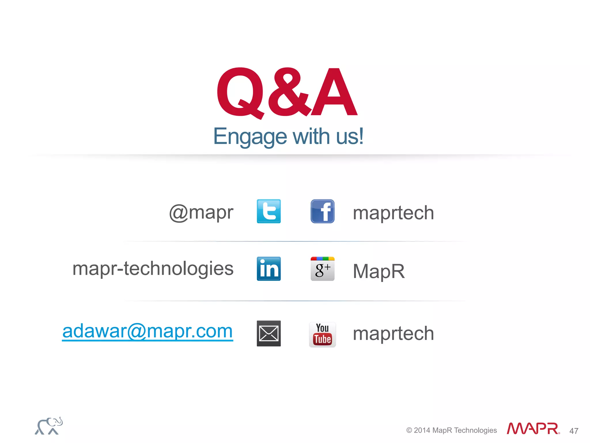 © 2014 MapR Technologies 47
Q&A
@mapr maprtech
adawar@mapr.com
Engage with us!
MapR
maprtech
mapr-technologies
 