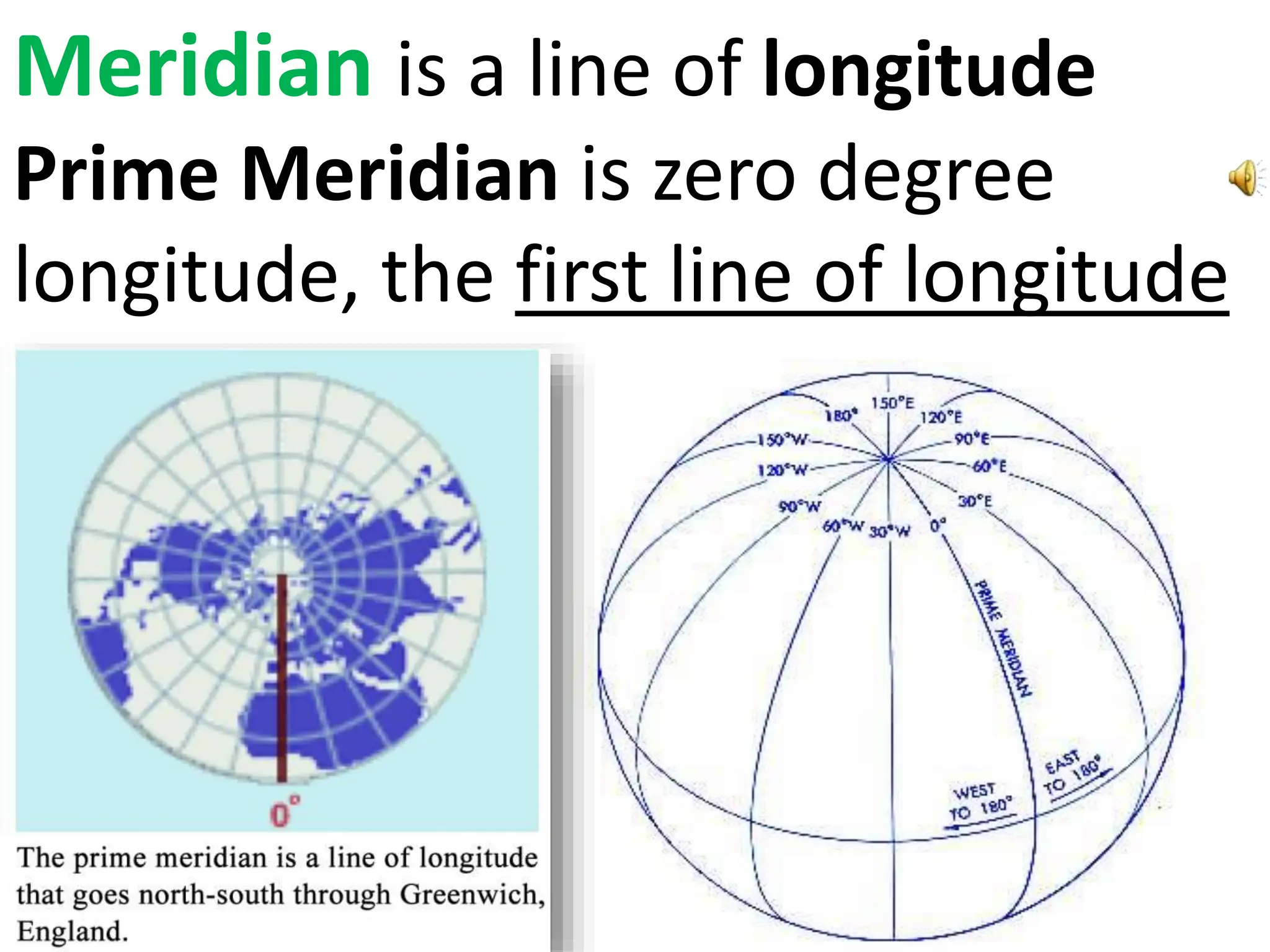 Meridian is a line of longitude
Prime Meridian is zero degree
longitude, the first line of longitude
 