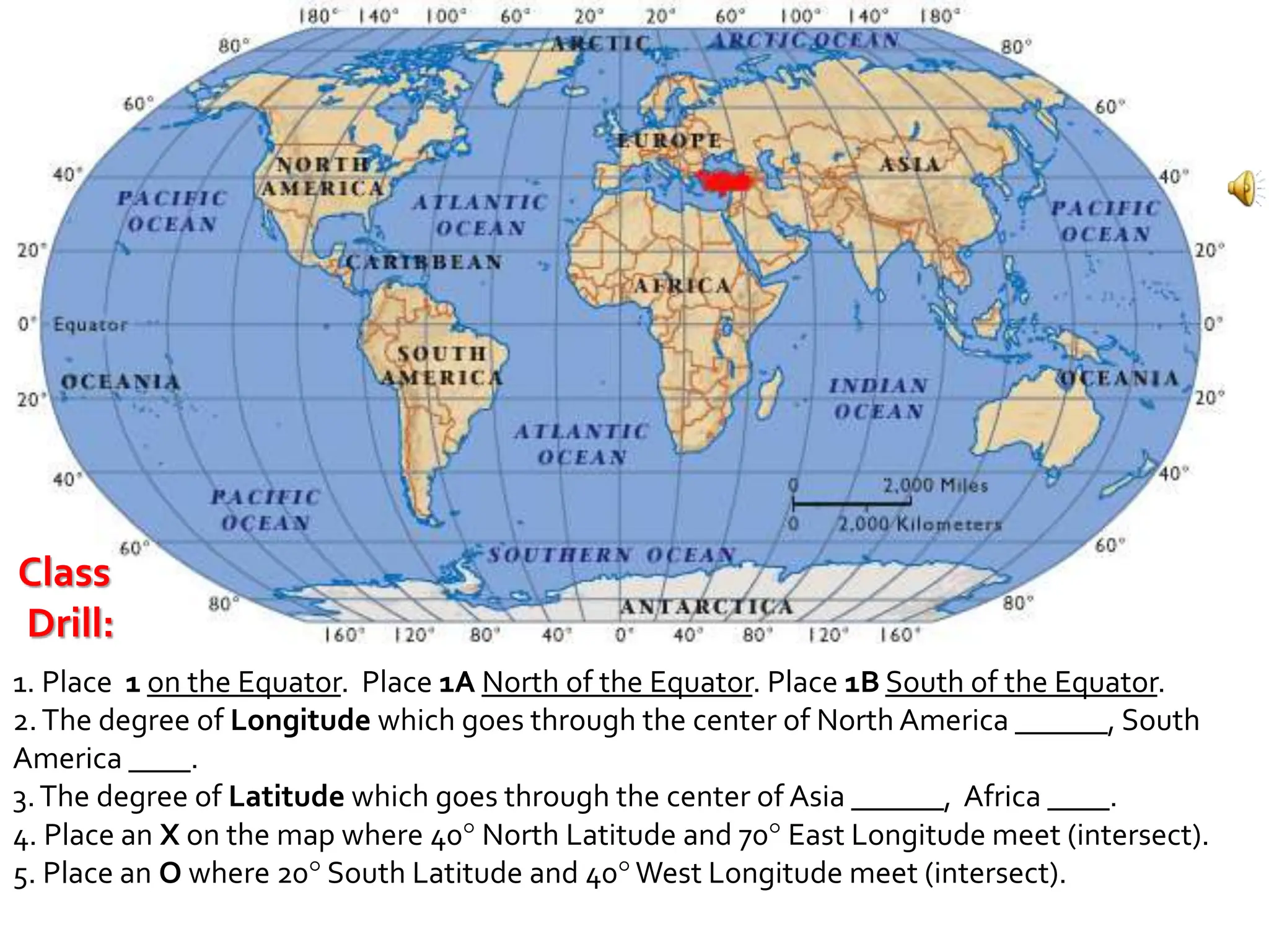 1. Place 1 on the Equator. Place 1A North of the Equator. Place 1B South of the Equator.
2.The degree of Longitude which goes through the center of North America ______, South
America ____.
3.The degree of Latitude which goes through the center of Asia ______, Africa ____.
4. Place an X on the map where 40 North Latitude and 70 East Longitude meet (intersect).
5. Place an O where 20 South Latitude and 40 West Longitude meet (intersect).
Class
Drill:
 