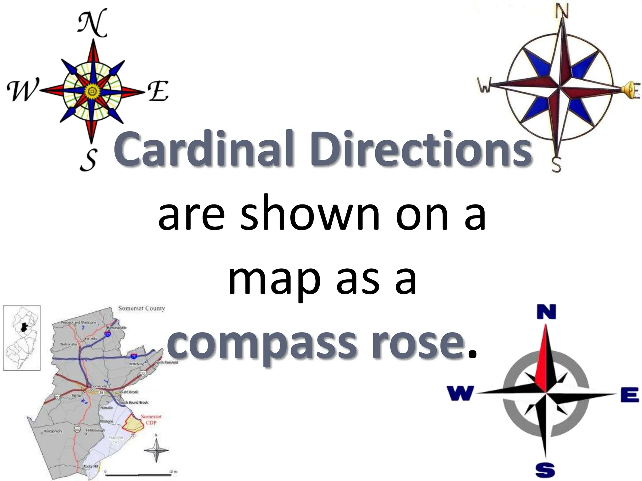 Cardinal Directions
are shown on a
map as a
compass rose.
 