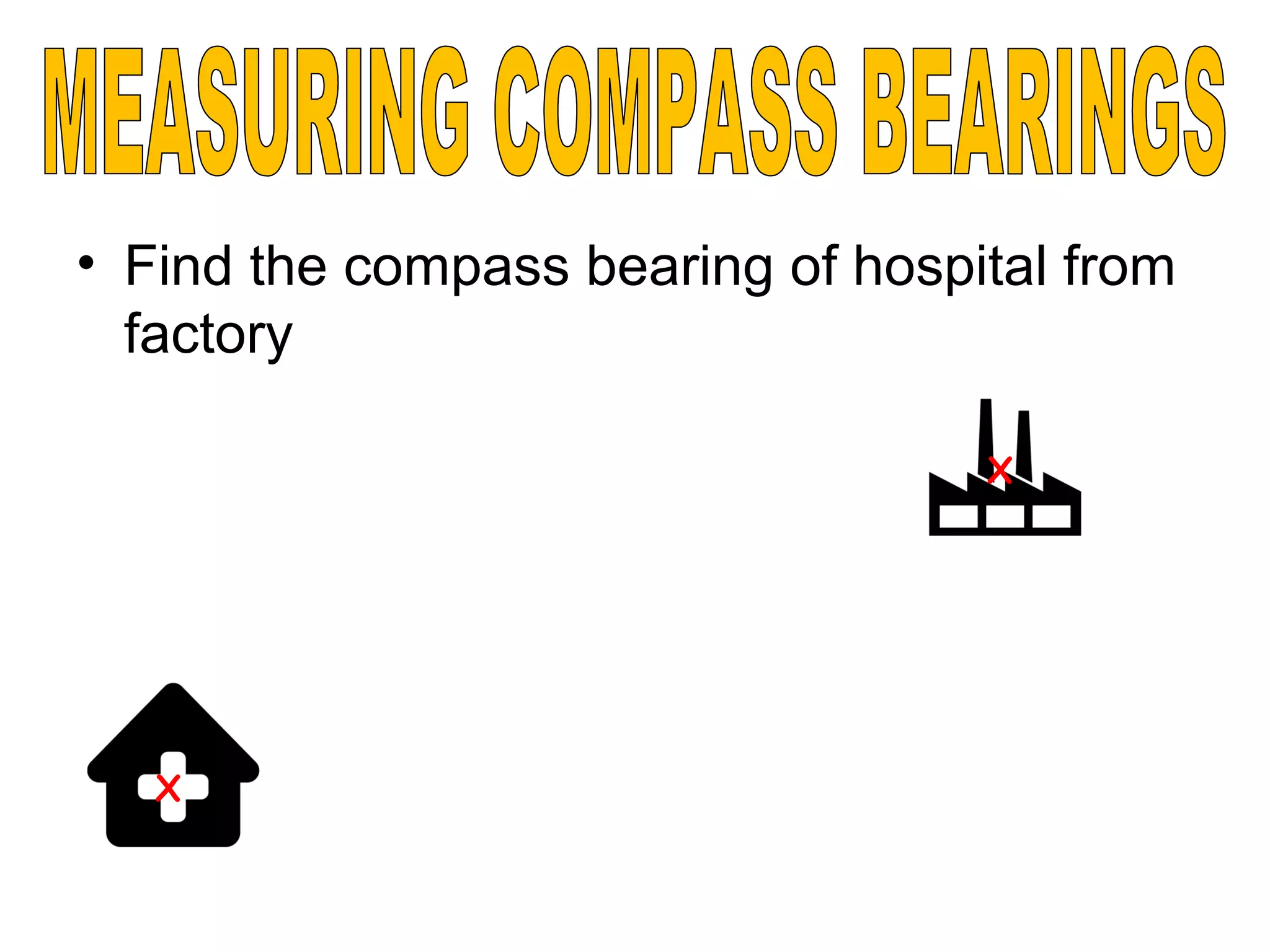 • Find the compass bearing of hospital from
factory
X
X
 