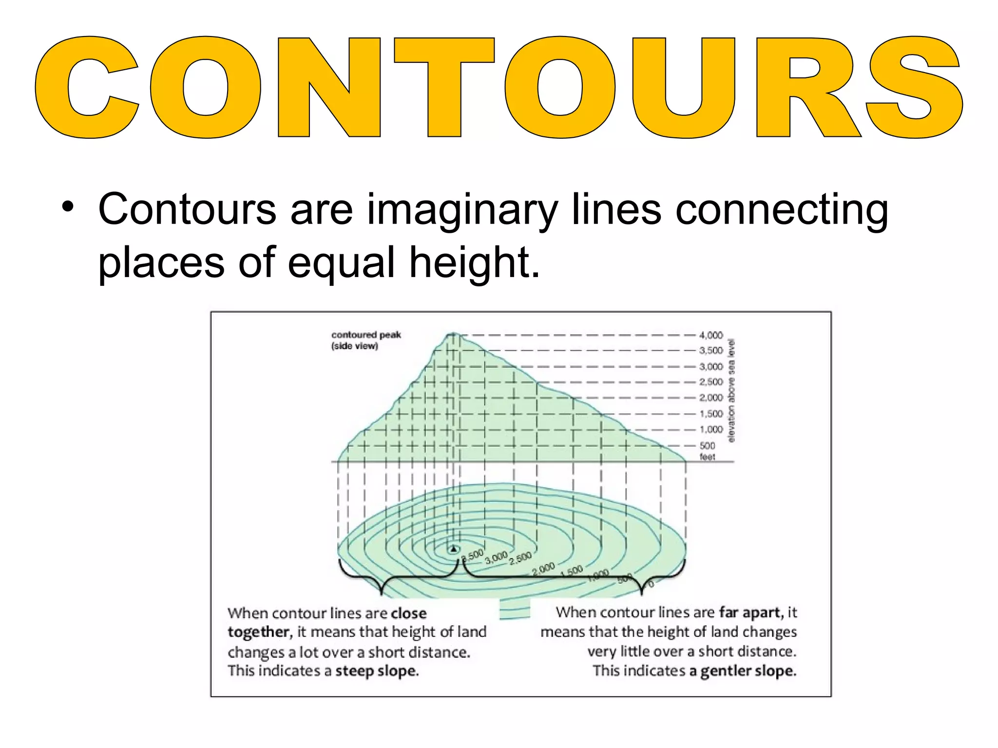 • Contours are imaginary lines connecting
places of equal height.
 