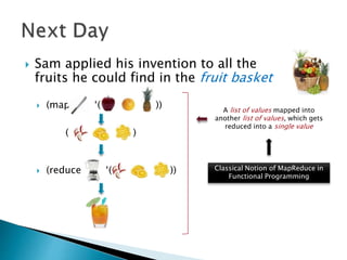  (map ‘( ))
( )
 Sam applied his invention to all the
fruits he could find in the fruit basket
 (reduce ‘( )) Classical Notion of MapReduce in
Functional Programming
A list of values mapped into
another list of values, which gets
reduced into a single value
 