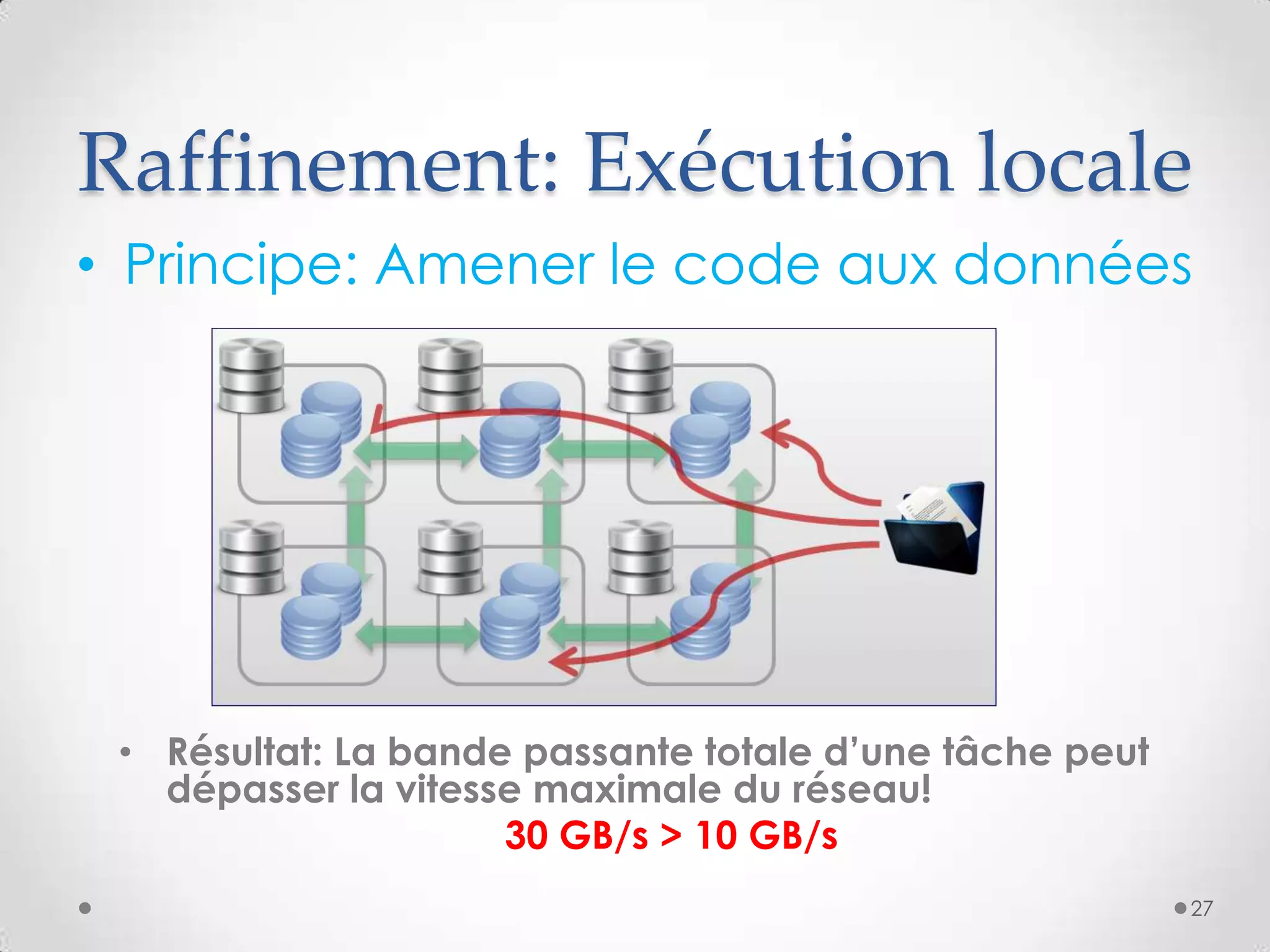 Raffinement: Exécution locale
• Principe: Amener le code aux données
• Résultat: La bande passante totale d’une tâche peut
dépasser la vitesse maximale du réseau!
30 GB/s > 10 GB/s
27
 