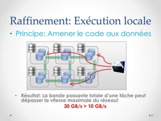 Raffinement: Exécution locale
• Principe: Amener le code aux données
• Résultat: La bande passante totale d’une tâche peut
dépasser la vitesse maximale du réseau!
30 GB/s > 10 GB/s
27
 