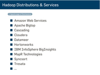 Hadoop Distributions & Services
Apache page of Distributions
■ Amazon Web Services
■ Apache Bigtop
■ Cascading
■ Cloudera
■ Datameer
■ Hortonworks
■ IBM InfoSphere BigInsights
■ MapR Technologies
■ Syncsort
■ Tresata
■ ...
 