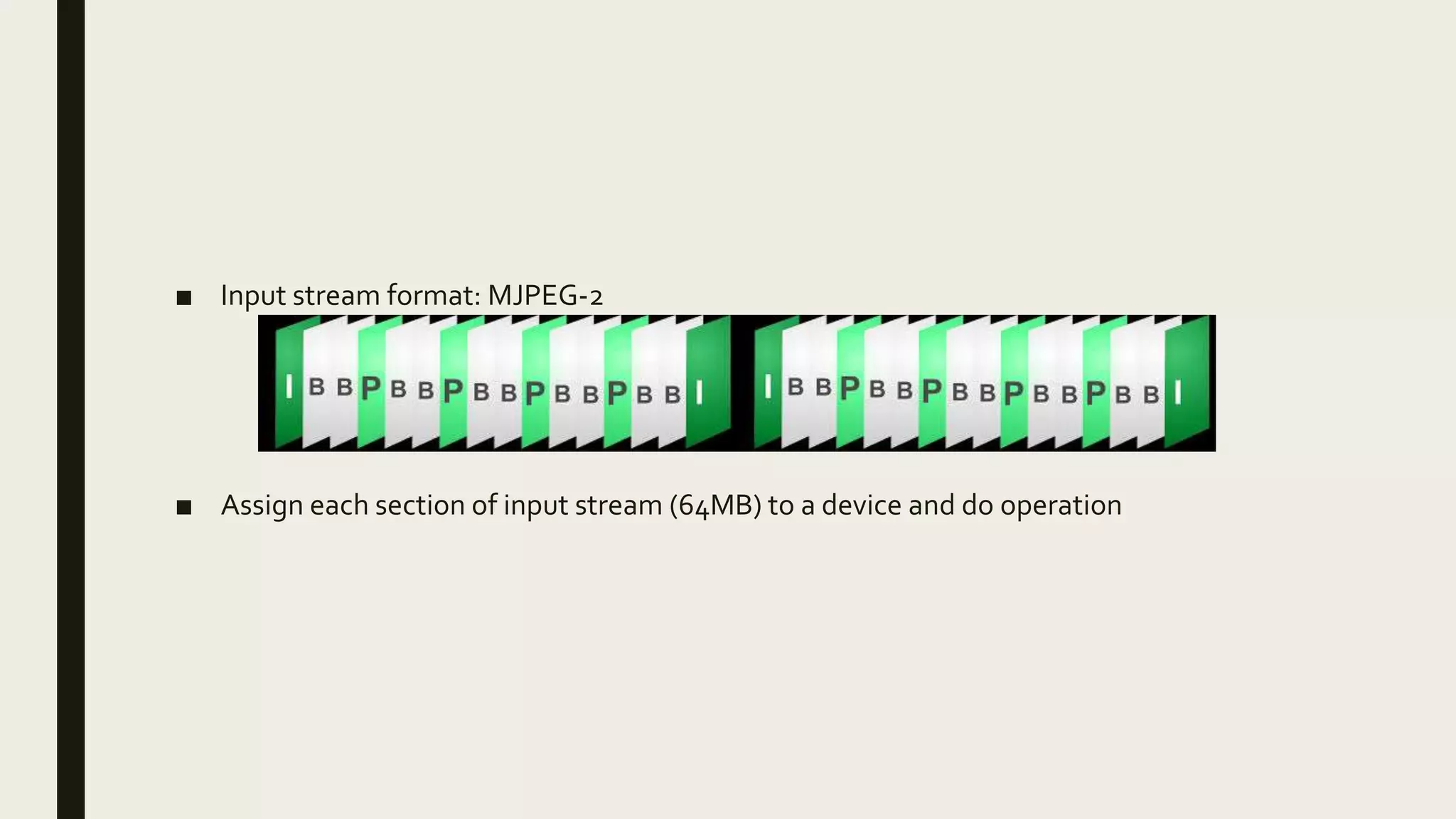 ■ Input stream format: MJPEG-2
■ Assign each section of input stream (64MB) to a device and do operation
 