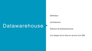 Datawarehouse
Définition
Architecture
Elément de Datawarehouse
Les étapes de la mise en œuvre d’un DW
 