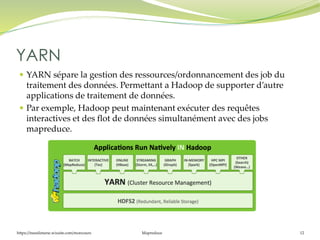 https://inesslimene.wixsite.com/moncours Mapreduce 12
 YARN sépare la gestion des ressources/ordonnancement des job du
traitement des données. Permettant a Hadoop de supporter d’autre
applications de traitement de données.
 Par exemple, Hadoop peut maintenant exécuter des requêtes
interactives et des flot de données simultanément avec des jobs
mapreduce.
YARN
 