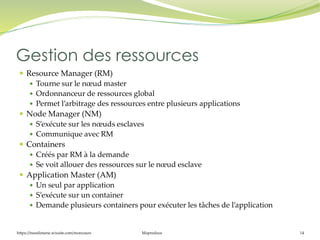 https://inesslimene.wixsite.com/moncours Mapreduce 14
 Resource Manager (RM)
 Tourne sur le nœud master
 Ordonnanceur de ressources global
 Permet l’arbitrage des ressources entre plusieurs applications
 Node Manager (NM)
 S’exécute sur les nœuds esclaves
 Communique avec RM
 Containers
 Créés par RM à la demande
 Se voit allouer des ressources sur le nœud esclave
 Application Master (AM)
 Un seul par application
 S’exécute sur un container
 Demande plusieurs containers pour exécuter les tâches de l’application
Gestion des ressources
 