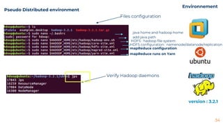 34
Environnement
Pseudo Distributed environment
Files configuration
version : 3.2.1
java home and hadoop home
add java path
HDFS : hadoop file system
HDFS configuration : namenode/datanode/replication
mapReduce configuration
mapReduce runs on Yarn
Verify Hadoop daemons
 