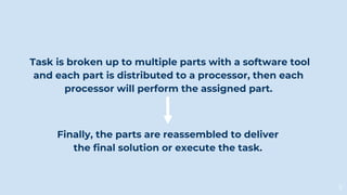 Task is broken up to multiple parts with a software tool
and each part is distributed to a processor, then each
processor will perform the assigned part.
5
Finally, the parts are reassembled to deliver
the final solution or execute the task.
 