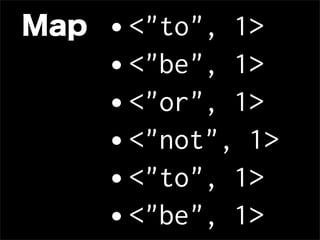 Map   •<"to", 1>
      •<"be", 1>
      •<"or", 1>
      •<"not", 1>
      •<"to", 1>
      •<"be", 1>
 