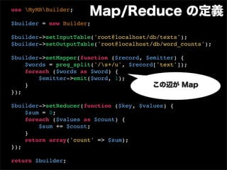 use MyMRBuilder;
                      Map/Reduce の定義
$builder = new Builder;

$builder->setInputTable('root@localhost/db/...