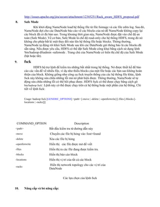 http://issues.apache.org/jira/secure/attachment/12345251/Rack_aware_HDFS_proposal.pdf
8. Safe Mode
Khi khởi động NameNode load hệ thống file từ file fsimage và các file edits log. Sau đó,
NameNode đợi cho các DataNode báo cáo về các blocks của nó để NameNode không copy lại
các block đã có đủ bản sao. Trong khoảng thời gian này, NameNode được đặt vào chế độ an
toàn (Safe Mode). Về cơ bản, Safe Mode là chế độ read-only cho hệ thống HDFS, trong đó nó
không cho phép bất kì một thay đổi nào lên hệ thông file hoặc blocks. Thông thường,
NameNode tự động rời khỏi Safe Mode sau khi các DataNode gửi thông báo là các blocks đã
sẵn sàng. Nếu được yêu cầu, HDFS có thể đặt Safe Mode công khai bằng cách sử dụng lệnh
'bin/hadoop dfsadmin -safemode . Trang chủ của NameNode có hiển thị chế độ của Safe Mode
(bật hoặc tắt).
9. fsck
HDFS hộ trợ lệnh để kiểm tra những bất nhất trong hệ thống. Nó được thiết kế để báo
cáo các vấn đề về nhiều file, ví dụ như thiếu blocks của một file hoặc các bản sao không hoàn
thiện của block. Không giống như công cụ fsck truyền thống của các hệ thống file khác, lệnh
fsck này không sửa chữa những lỗi mà nó phát hiện được. Thông thường, NameNode sẽ tự
động sửa chữa những lỗi có thể hồi phục được. HDFS fsck có thể được chạy bằng cách gõ
bin/hadoop fsck'. Lệnh này có thể được chạy trên cả hệ thống hoặc một phần của hệ thống. Chi
tiết về lệnh fsck:
Usage: hadoop fsck [GENERIC_OPTIONS] <path> [-move | -delete | -openforwrite] [-files [-blocks [-
locations | -racks]]]
COMMAND_OPTION Description
<path> Bắt đầu kiểm tra từ đường dẫn này
-move Chuyển các file bị hỏng vào /lost+found
-delete Xóa các file bị hỏng
-openforwrite Hiển thị các file được mở để viết
-files Hiển thị ra các file đang được kiểm tra.
-blocks Hiển thị báo cáo block
-locations Hiển thị vị trí của tất cả các block
-racks
Hiển thị network topology cho các vị trí của
DataNode
Các lựa chọn của lệnh fsck
10. Nâng cấp và bỏ nâng cấp:
 