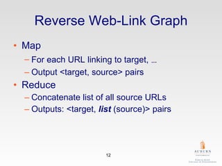 Reverse Web-Link Graph Map For each URL linking to target,  … Output <target, source> pairs  Reduce Concatenate list of all source URLs Outputs: <target,  list  (source)> pairs 