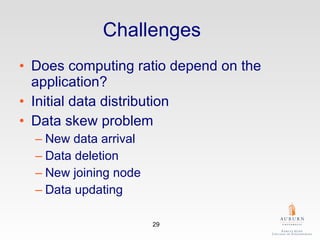 Challenges    Does computing ratio depend on the application? Initial data distribution Data skew problem New data arrival Data deletion    New joining node Data updating 