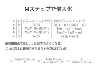 Mステップで最大化




結局最適化すると、p は以下のようになる。
これは完全に観測できた場合と非常に似ている。
 