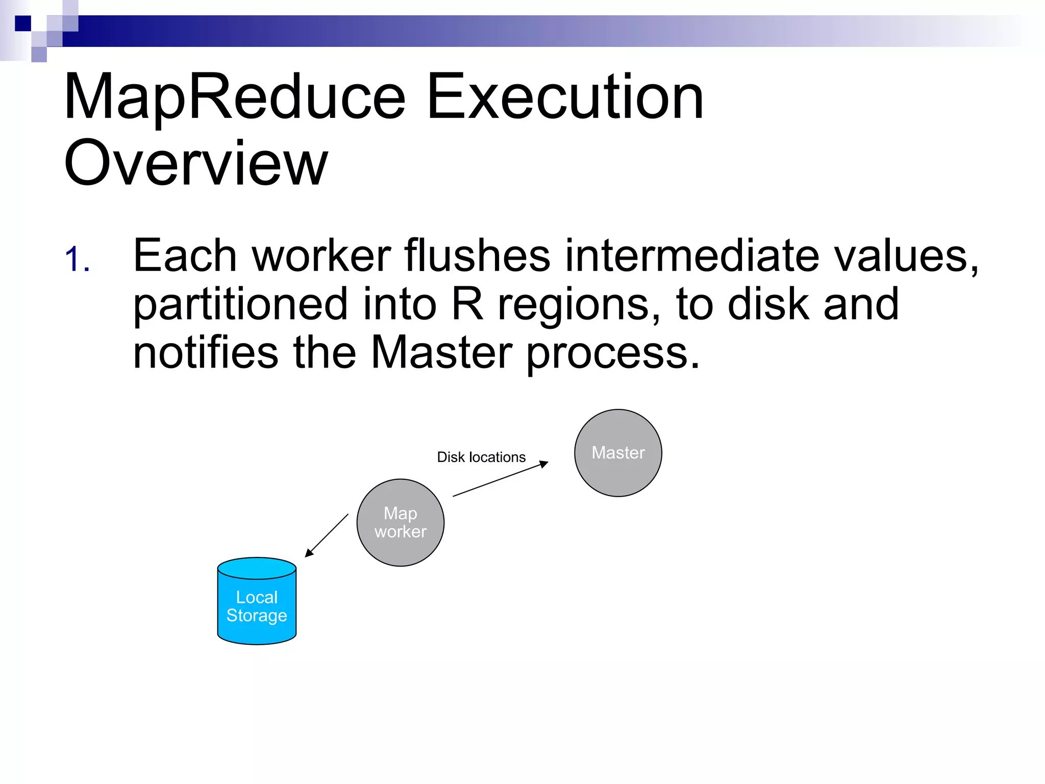 MapReduce Execution Overview Each worker flushes intermediate values, partitioned into R regions, to disk and notifies the Master process.  Master Map worker Disk locations Local Storage 