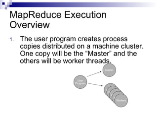 MapReduce Execution Overview The user program creates process copies distributed on a machine cluster. One copy will be the “Master” and the others will be worker threads. User Program Master Workers Workers Workers Workers Workers 