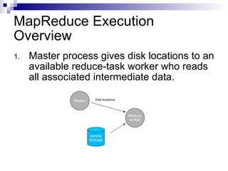 MapReduce Execution Overview Master process gives disk locations to an available reduce-task worker who reads all associated intermediate data.  Master Reduce worker Disk locations remote Storage 