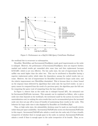 300000
         Estimated Cost (seconds)




                                                                                          NoCache
                                                                                          LCS/LRU
                                    200000                                                WatchMan
                                                                                          DynaMat
                                                                                          Incremental/FinalQuery
                                                                                          Incremental/NoFullCache
                                                                                          Incremental/FullCache
                                                                                          InfCache
                                    100000




                                        0
                                             0%   5%   16%               32%        50%
                                                       Cache Size (% of DB Size)


                                    Figure 5: Performance on a Zipf/0.5 900 Query CubePoints Workload


the workload due to recurrence or subsumption.
    DynaMat, WatchMan and Incremental/FinalQuery made good improvements as the cache
is enlarged. However, the performance of Incremental/FinalQuery does not improve further;
marked and cached results get unmarked after some time and then replacement becomes
LCS/LRU, which is not very eﬀective. For low cache sizes, the rate of improvement for Dy-
naMat was much higher than the other two. This can be attributed to DynaMat having a
superior replacement policy which takes the dependency among the cached results into ac-
count. However, the rate of improvement for DynaMat decreased for larger cache sizes, and
the relative improvement over WatchMan diminished. This is because there is a lower bound
on the response times delivered by algorithms that cache only the top level results: in case a
query cannot be computed from the result of a previous query, the algorithm pays the full cost
for computing the query (cost of computing from the base relations).
    In Figure 4, observe that as the cache size is enlarged beyond 32%, the estimated cost
for Incremental/FullCache increases. This anomaly can be explained as follows: after a given
cache size (that depends on the workload), the investment made by the system (in terms of the
materialization cost) in caching the extra results that can be accommodated given the increased
cache size does not pay oﬀ in terms of beneﬁts of maintaining these results in the cache. This
behavior for large cache sizes is also displayed by DynaMat on CubeSlices/Zipf.
    Thus, at high cache sizes, the admissibility decisions must be made on cost-beneﬁt criteria
rather than just space availability. Incremental/NoFullCache scores over Incremental/FullCache
in this respect. Incremental/NoFullCache admits a result into the cache only if it has a beneﬁt,
irrespective of whether there is enough space in the cache; in contrast, Incremental/FullCache
admits a result if there is enough space in the cache irrespective of its beneﬁt. Thus, as ex-



                                                                               18
 